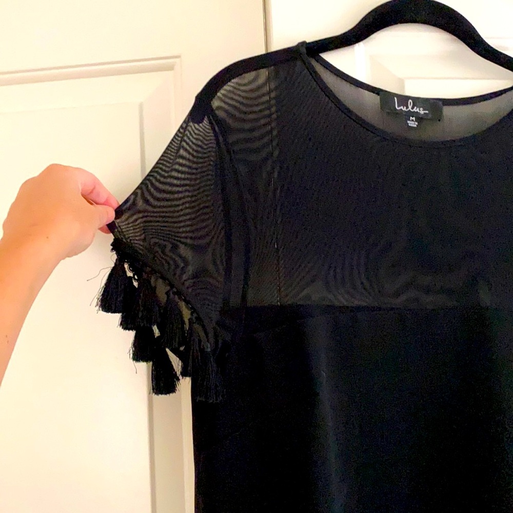 Black Dress with Sheer Accent and Fringe Trim